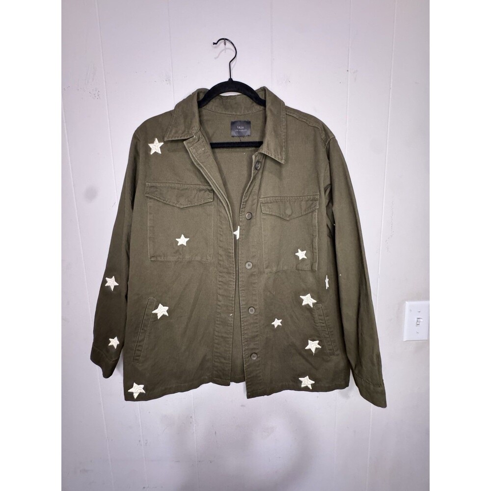 Laju Women’s Olive Star Embroidered Button Collared Jacket Pockets RN 118050